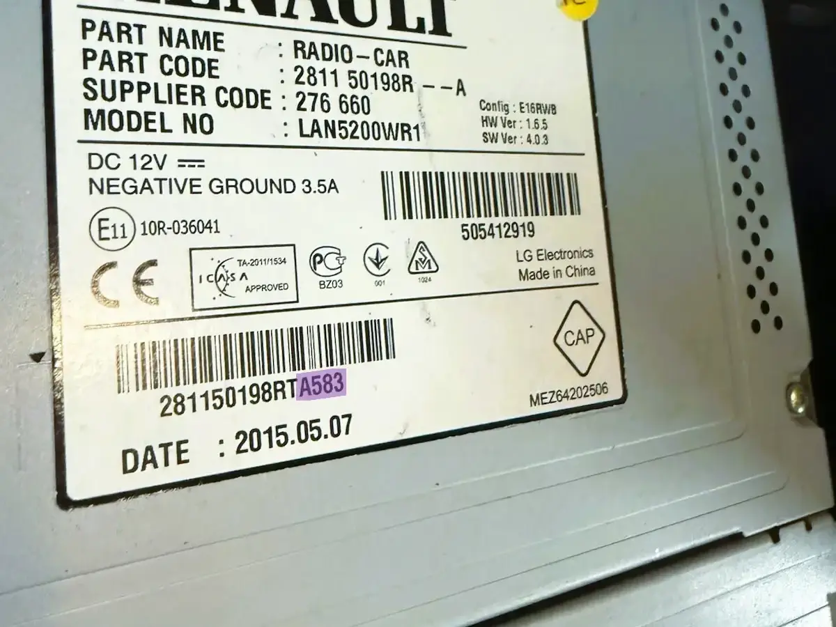 Renault radio serial label highlighting security precode for unlocking