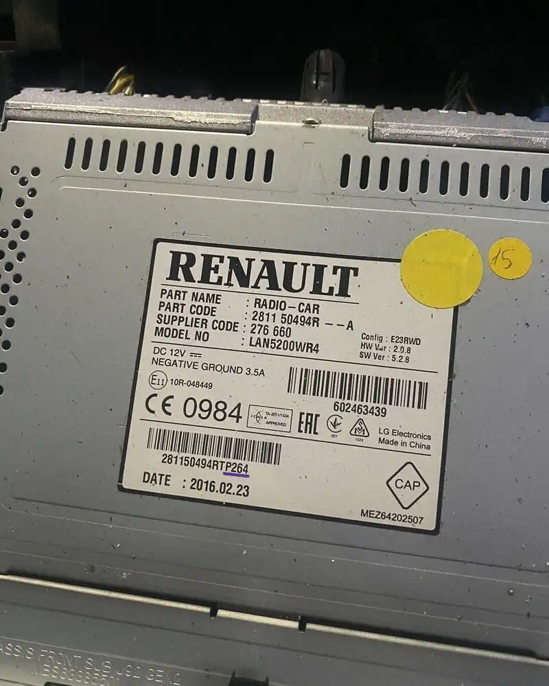 Renault radio serial number location on side sticker for radio code retrieval