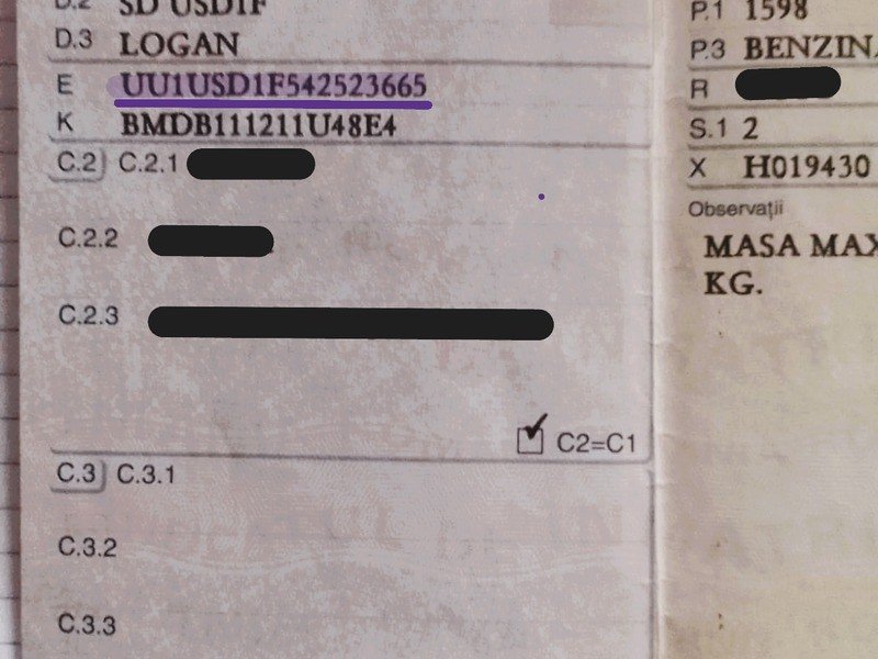 Dacia VIN number location on car registration documents