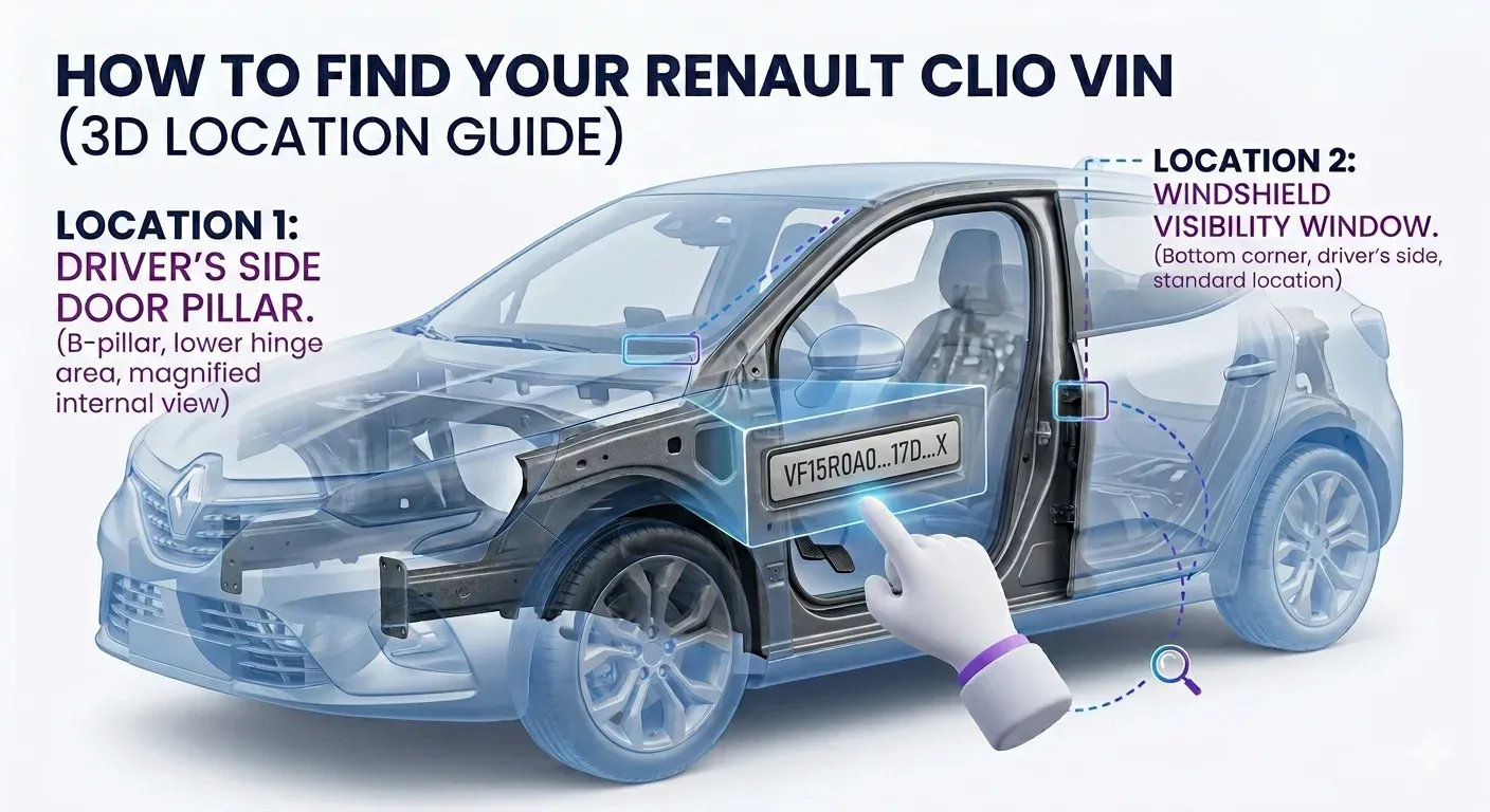 Renault Clio 17-digit VIN location on lower windshield driver side