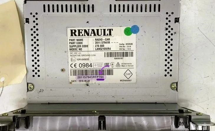 Renault radio side sticker barcode showing the 4-digit security pre-code for Tuner List and Update List
