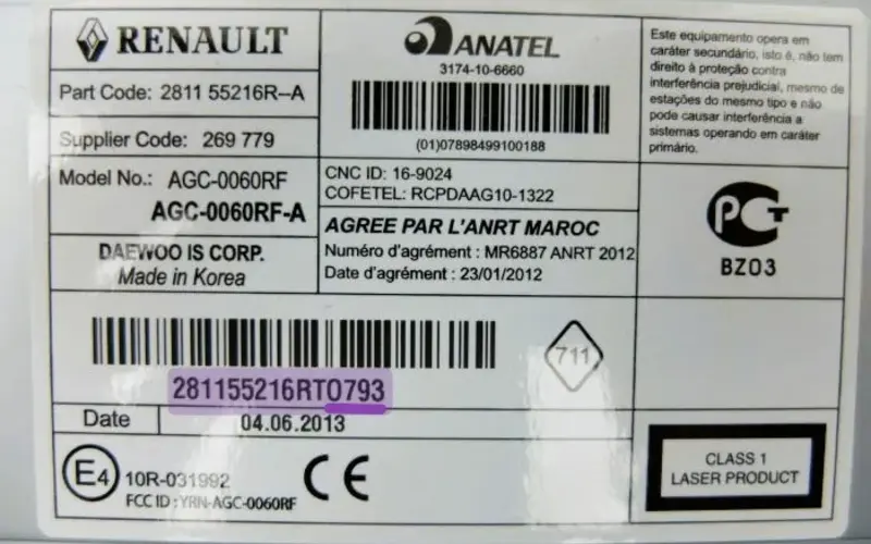 Renault Scenic radio serial number sticker showing pre-code security