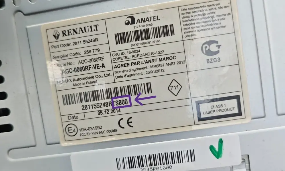 Dacia radio label example showing the serial number and the 4-character security pre-code