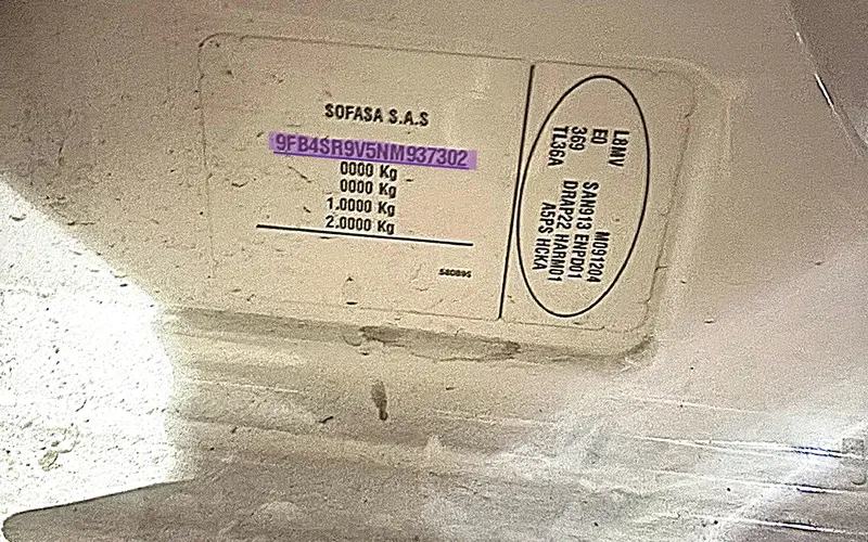 Dacia VIN serial number location sticker on the car door pillar