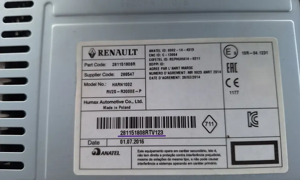 Dacia radio serial number location on the side sticker label showing pre-code
