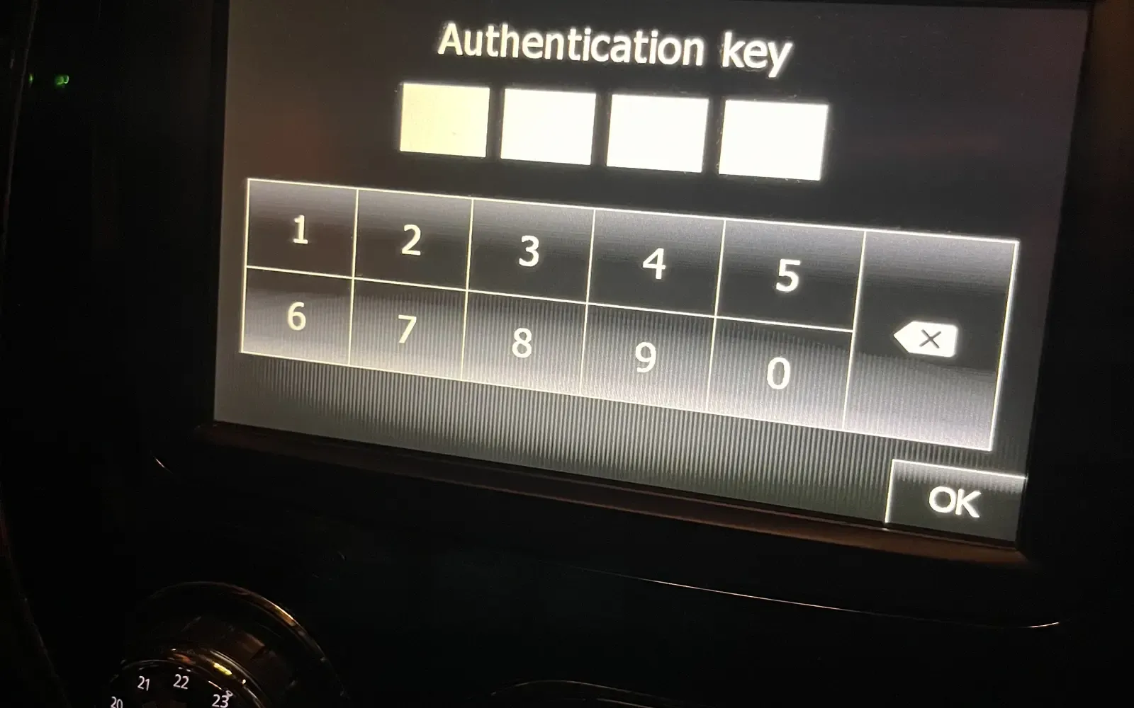 Renault Captur MediaNav touchscreen code entry screen