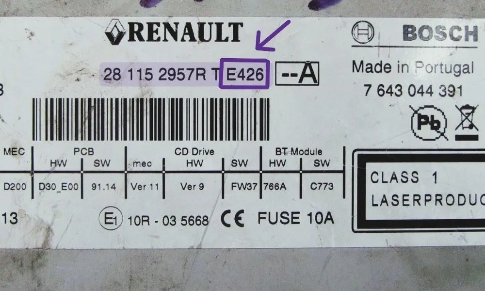 Renault Trafic radio side label with security pre-code highlighted