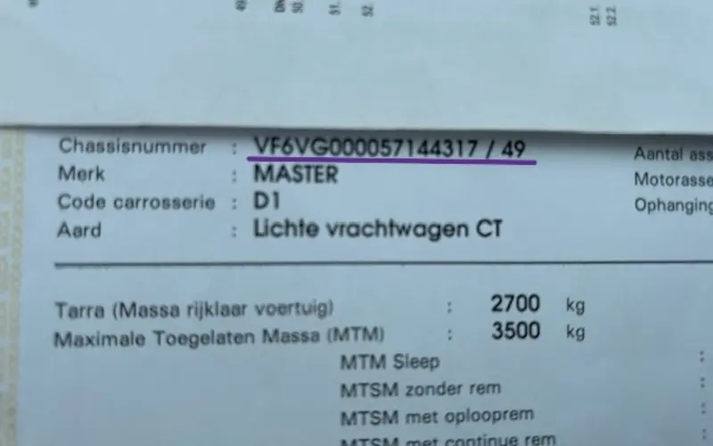 Renault Master VIN location on official V5C registration