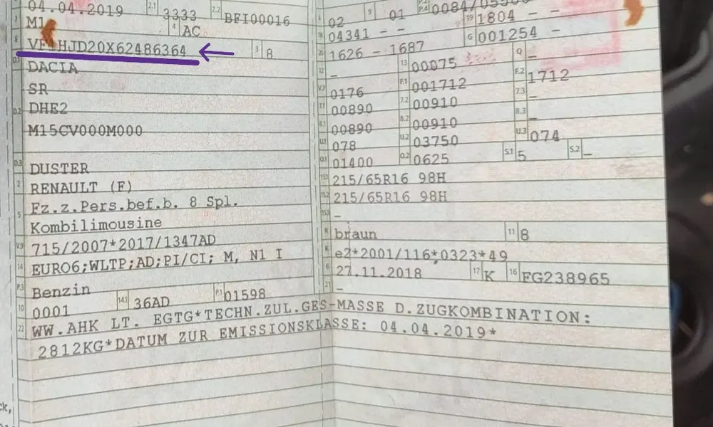 Dacia Duster VIN number location on car registration papers or logbook