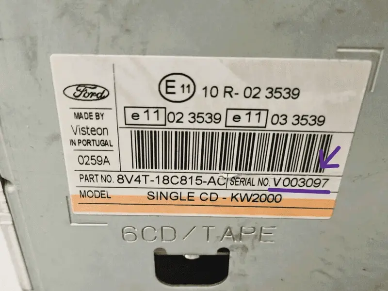 Ford radio serial number location on the factory sticker label V M Blaupunkt and TravelPilot series