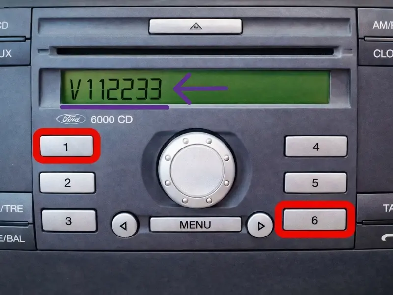 Find Ford radio serial number on screen using buttons 1 and 6 shortcut