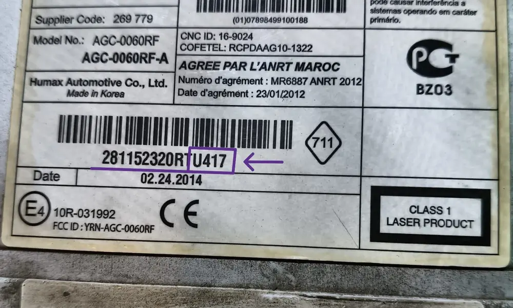 Renault Laguna radio label sticker showing security pre-code for radio unlocking
