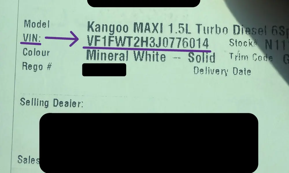 Renault Kangoo VIN serial number location on the vehicle registration paper and door pillar plate