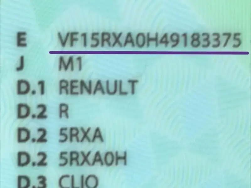 Renault Clio 17-digit VIN location on lower windshield driver side