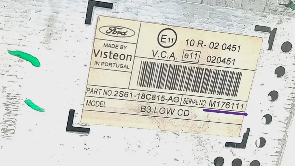 Ford Fusion 4500 RDS EON side label showing V or M serial number on sticker